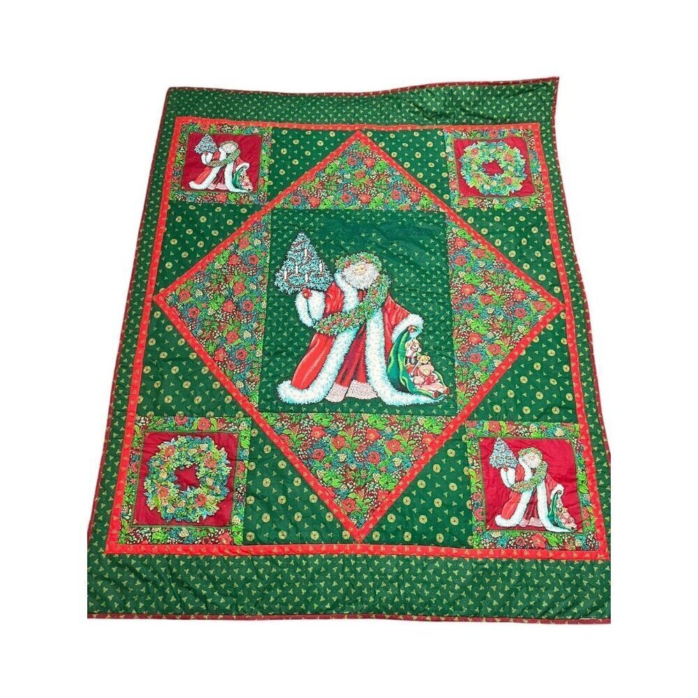 Vintage 83" x 66" Hand Quilted Christmas Blanket Christmas Quilt Handmade Large